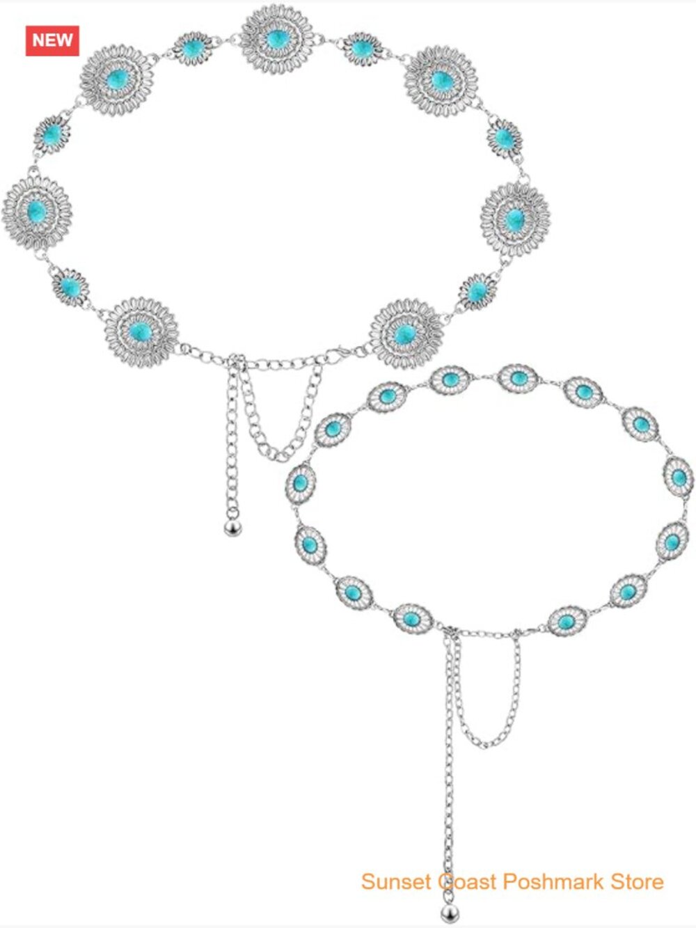 Western Turquoise Stone Concho Chain Belt Adjustable Metal Waist Belt for Women